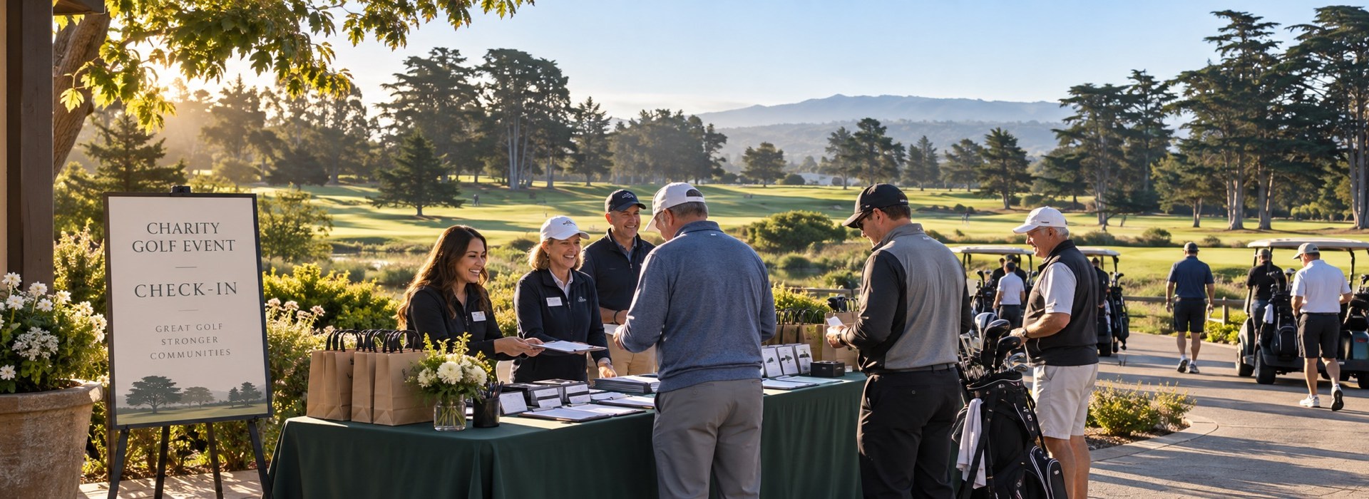 Charity golf event check-in at Pajaro Valley Golf Club in Watsonville, California, with volunteers welcoming golfers beside registration tables, golf carts, and scenic fairways.