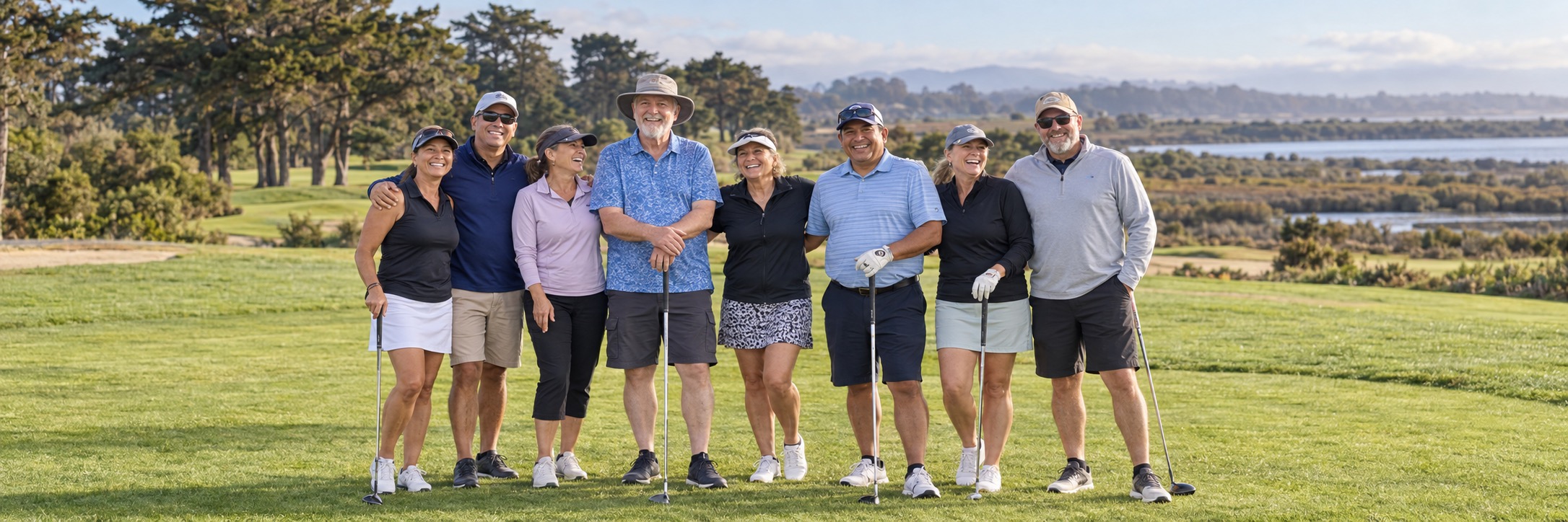 Group of smiling golfers standing together on a sunny fairway at Pajaro Valley Golf Club, with coastal trees and Monterey Slough wetlands in the background.