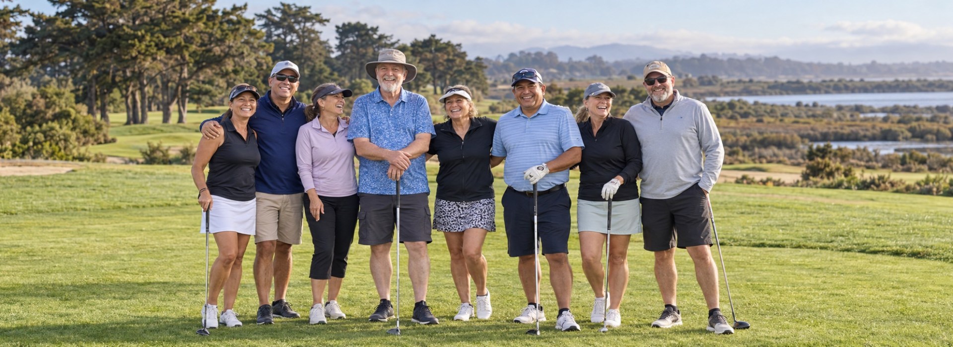 Group of smiling golfers standing together on a sunny fairway at Pajaro Valley Golf Club, with coastal trees and Monterey Slough wetlands in the background.